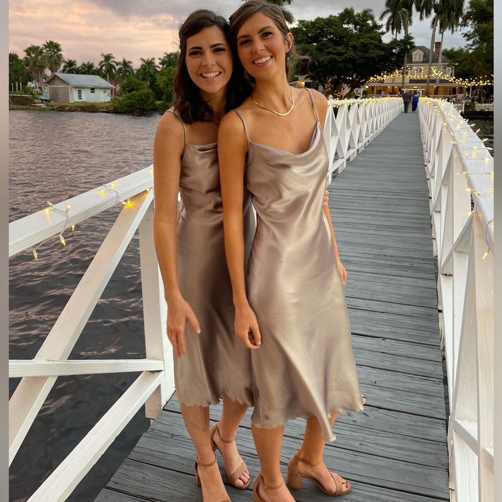 Midi Length Champagne Cowl Neck Satin Dress
